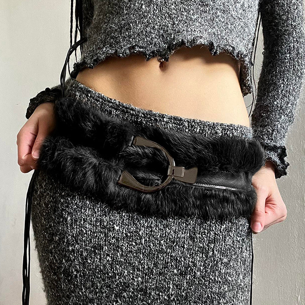 BROWN FAUX FUR BELT WITH BUCKLE DETAIL
