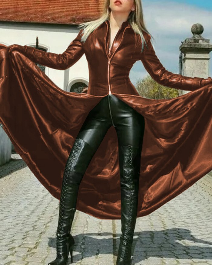 BROWN FAUX LEATHER TRENCH COAT WITH BELTED WAIST