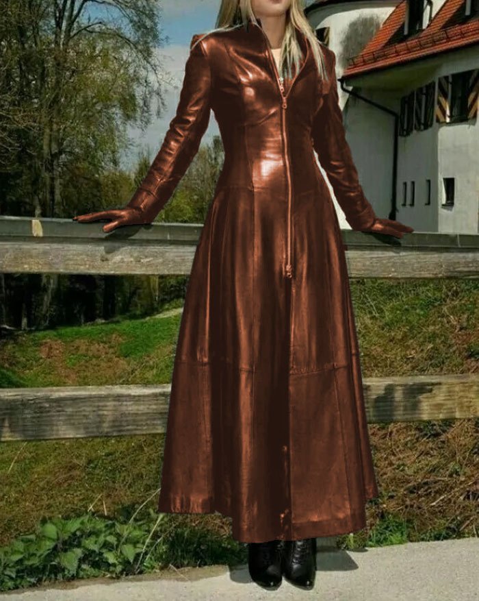 BROWN FAUX LEATHER TRENCH COAT WITH BELTED WAIST
