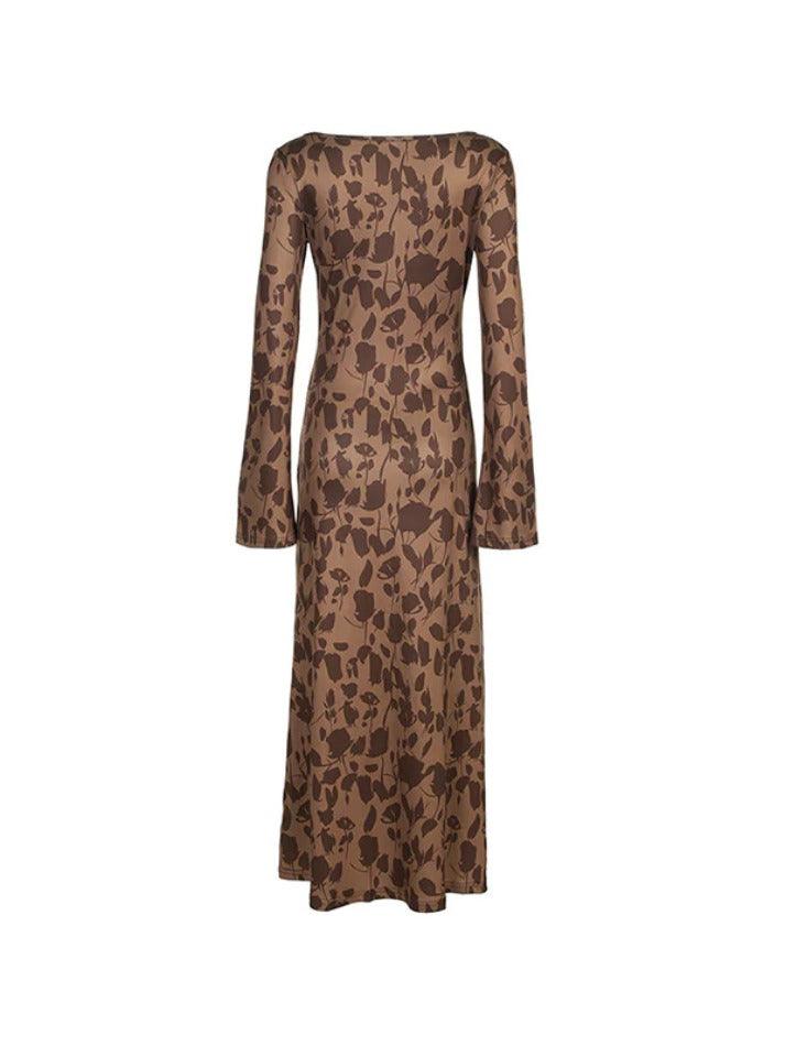 BROWN FLORAL LONG-SLEEVED DRESS CLASSIC PRINT MAXI DRESS