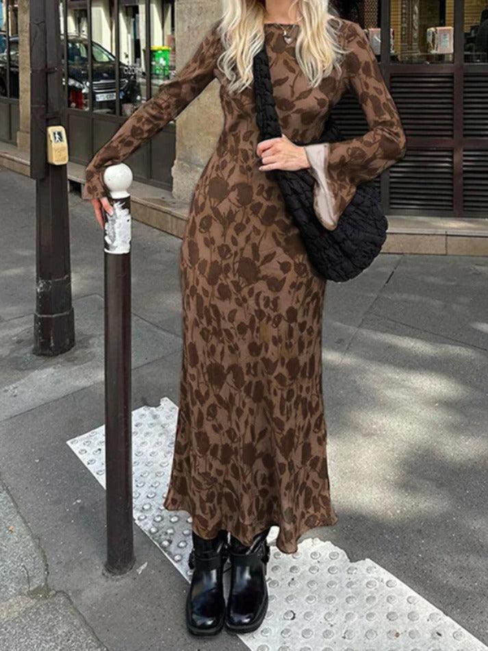 BROWN FLORAL LONG-SLEEVED DRESS CLASSIC PRINT MAXI DRESS