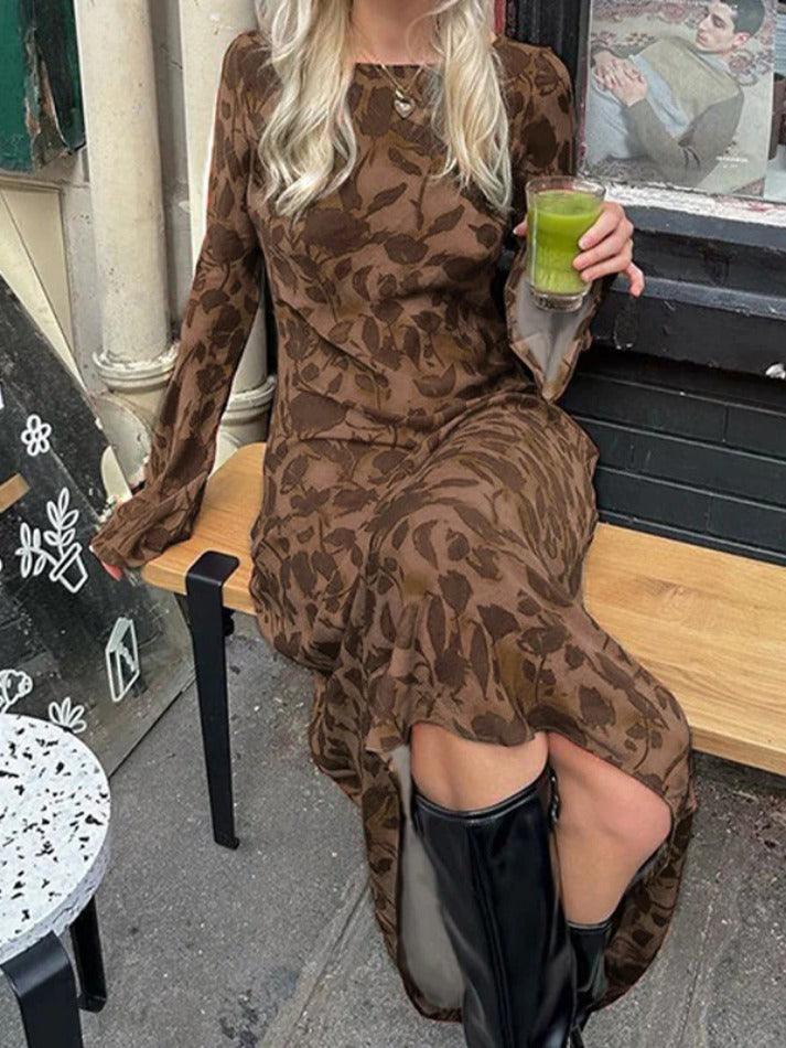 BROWN FLORAL LONG-SLEEVED DRESS CLASSIC PRINT MAXI DRESS