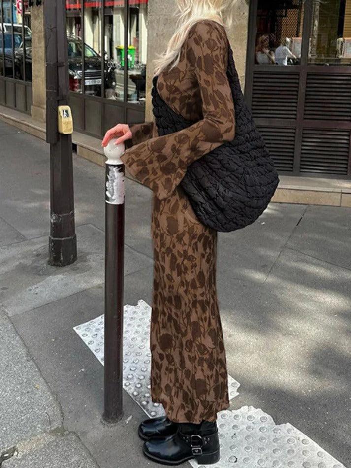 BROWN FLORAL LONG-SLEEVED DRESS CLASSIC PRINT MAXI DRESS