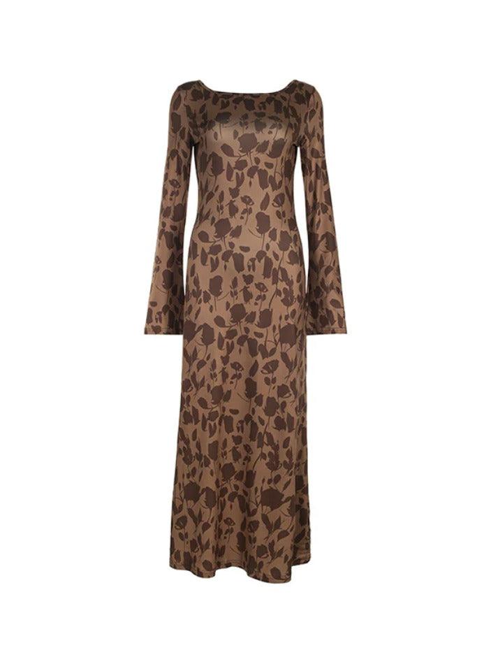 BROWN FLORAL LONG-SLEEVED DRESS CLASSIC PRINT MAXI DRESS