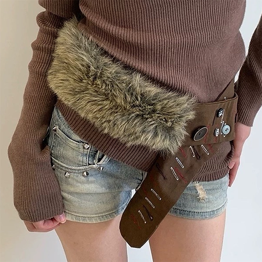 BROWN FUR COLLAR WITH BUTTONED STRAPS FOR OUTERWEAR