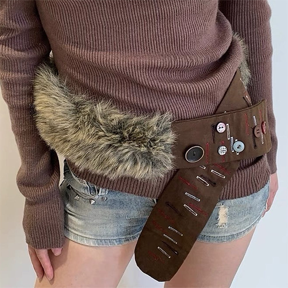 BROWN FUR COLLAR WITH BUTTONED STRAPS FOR OUTERWEAR