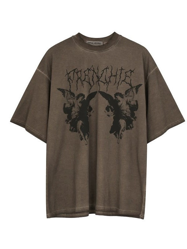 BROWN GRAPHIC T-SHIRT WITH ROUND NECK AND SHORT SLEEVE CASUAL COTTON SHORT