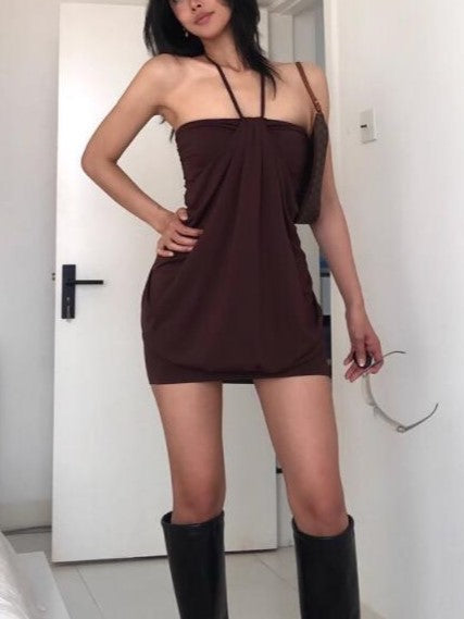 BROWN HALTER NECK DRESS WITH CHIC HALTER NECKLINE