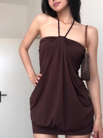 BROWN HALTER NECK DRESS WITH CHIC HALTER NECKLINE