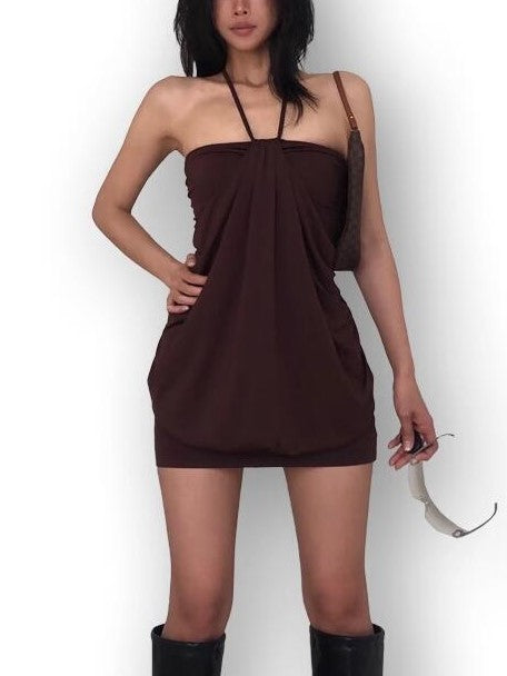 BROWN HALTER NECK DRESS WITH CHIC HALTER NECKLINE