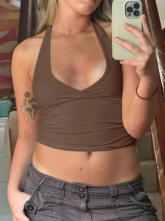 BROWN HALTER TOP WITH SNUG FIT HALTERNECK DESIGN