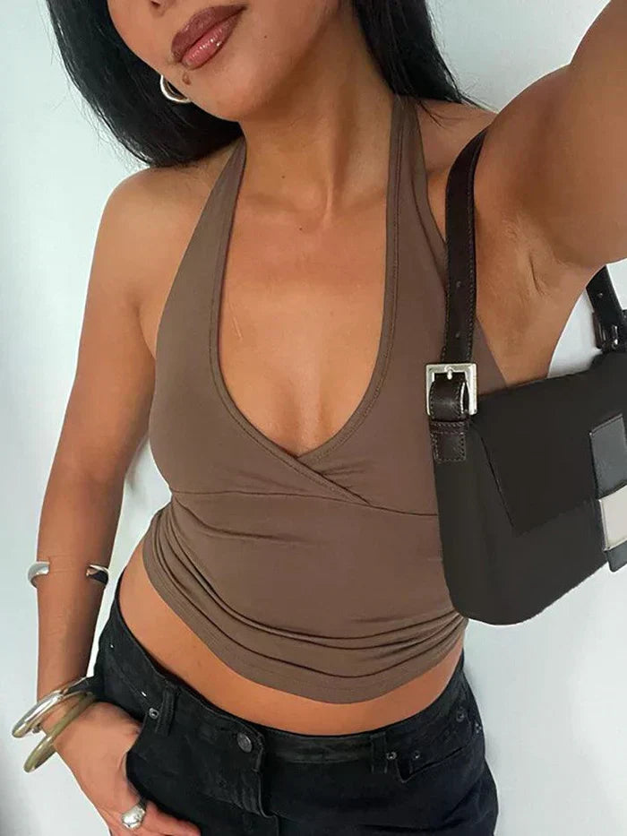 BROWN HALTER TOP WITH SNUG FIT HALTERNECK DESIGN