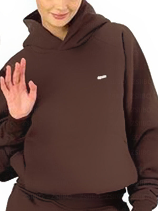 BROWN HOODED SWEATSHIRT WITH SOLID COLOR DESIGN