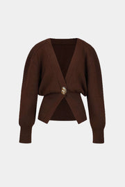 BROWN KNIT CARDIGAN WITH GOLD BUTTON V-NECK SWEATER CARDIGAN