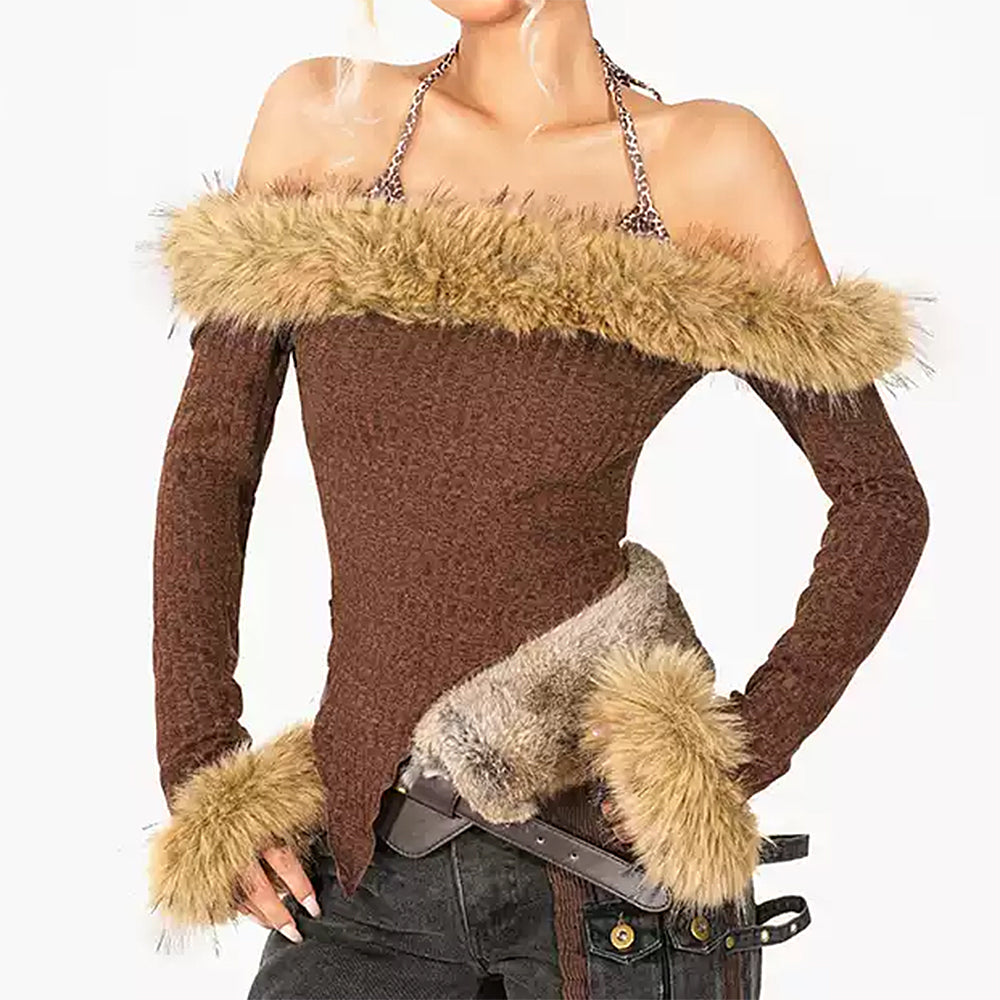 BROWN KNIT TOP FAUX FUR TRIM RIBBED CONSTRUCTION