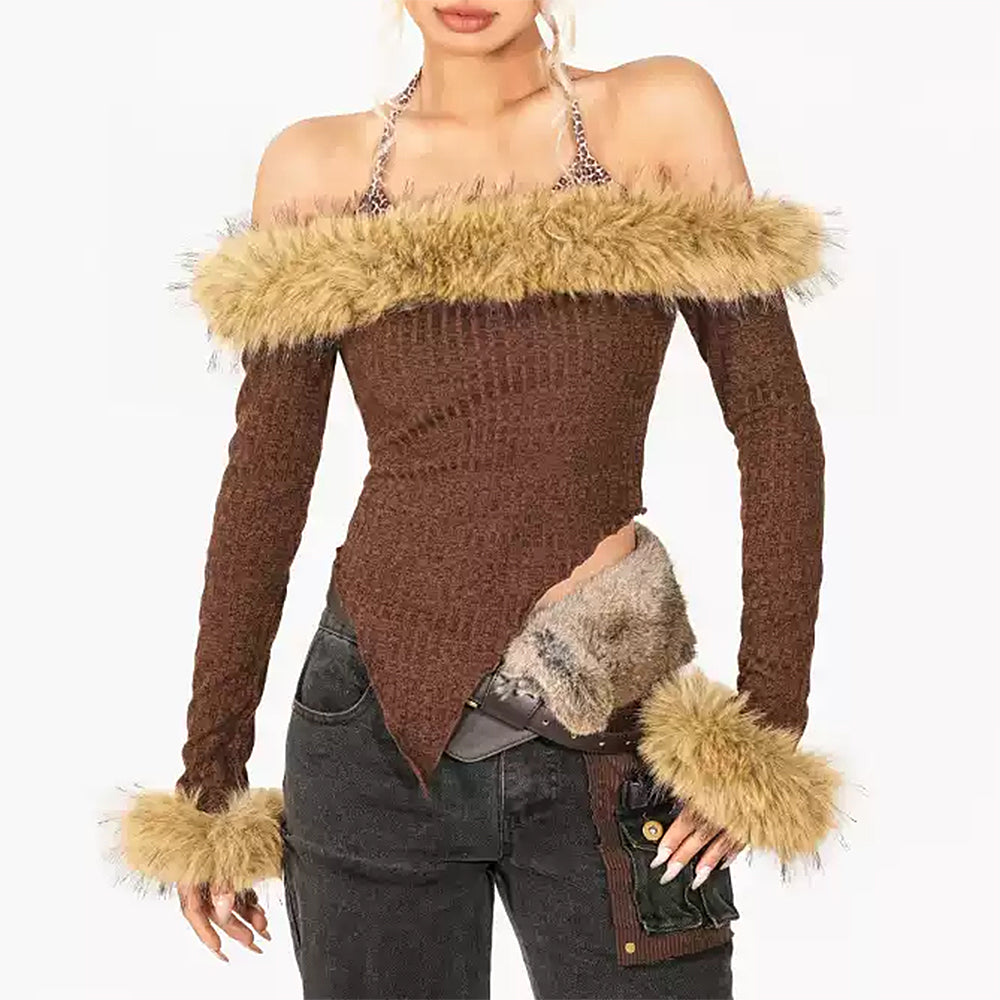 BROWN KNIT TOP FAUX FUR TRIM RIBBED CONSTRUCTION