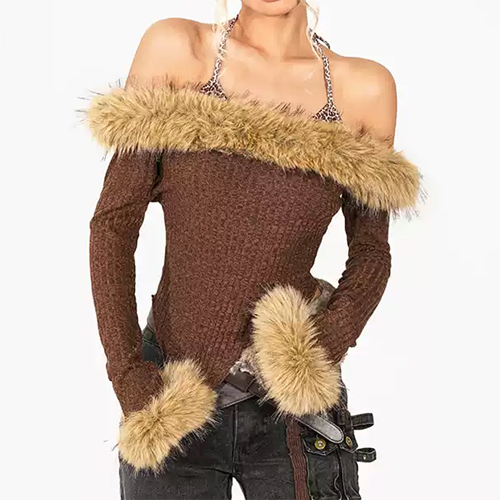 BROWN KNIT TOP FAUX FUR TRIM RIBBED CONSTRUCTION