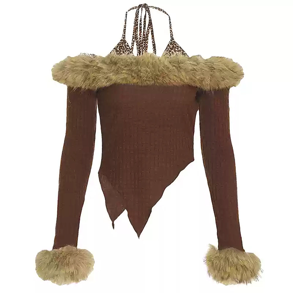 BROWN KNIT TOP FAUX FUR TRIM RIBBED CONSTRUCTION