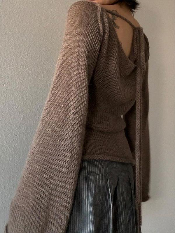 BROWN KNITTED SWEATER WITH BELL SLEEVES - LOOSE FIT DESIGN