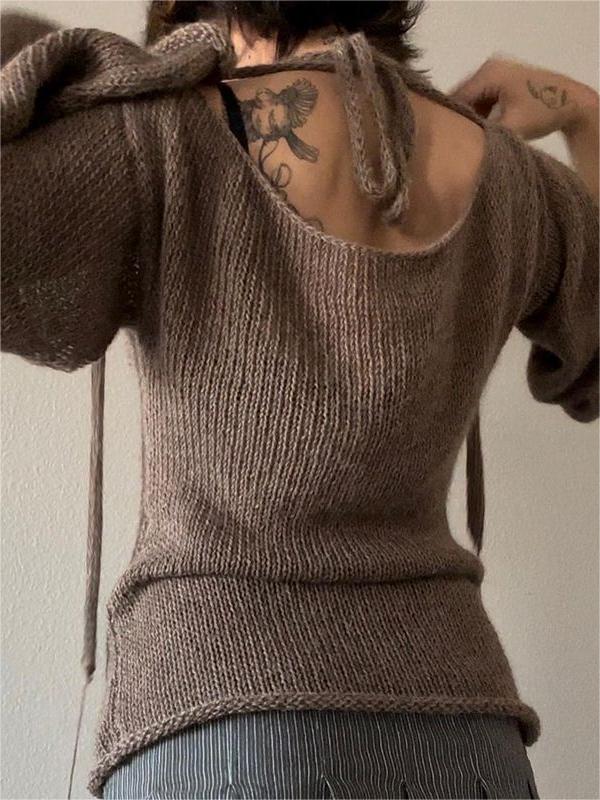 BROWN KNITTED SWEATER WITH BELL SLEEVES - LOOSE FIT DESIGN