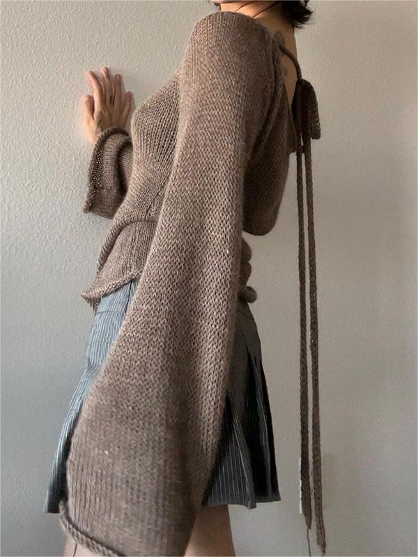 BROWN KNITTED SWEATER WITH BELL SLEEVES - LOOSE FIT DESIGN