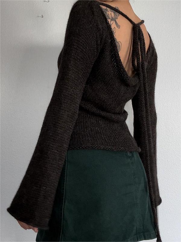 BROWN KNITTED SWEATER WITH BELL SLEEVES - LOOSE FIT DESIGN