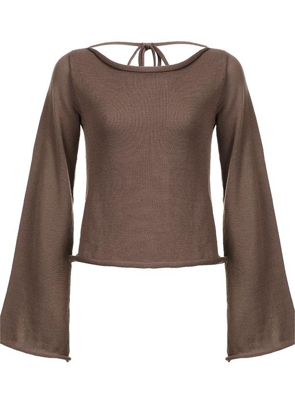 BROWN KNITTED SWEATER WITH BELL SLEEVES - LOOSE FIT DESIGN
