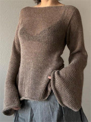 BROWN KNITTED SWEATER WITH BELL SLEEVES - LOOSE FIT DESIGN