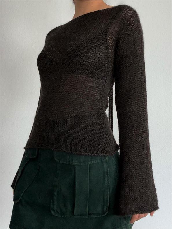 BROWN KNITTED SWEATER WITH BELL SLEEVES - LOOSE FIT DESIGN