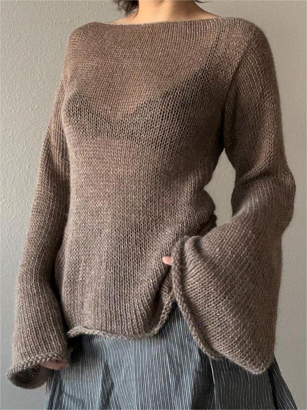 BROWN KNITTED SWEATER WITH BELL SLEEVES - LOOSE FIT DESIGN