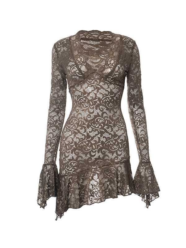 BROWN LACE DRESS WITH BELL SLEEVES - SLIM FIT CASUAL STREET STYLE