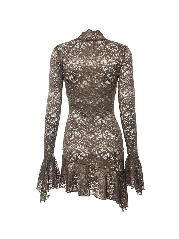 BROWN LACE DRESS WITH BELL SLEEVES - SLIM FIT CASUAL STREET STYLE