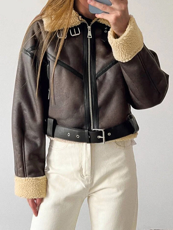 BROWN LEATHER AVIATOR JACKET WITH SOFT LAMBSWOOL LINING