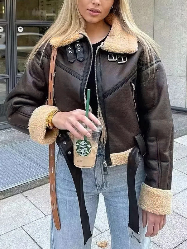 BROWN LEATHER AVIATOR JACKET WITH SOFT LAMBSWOOL LINING