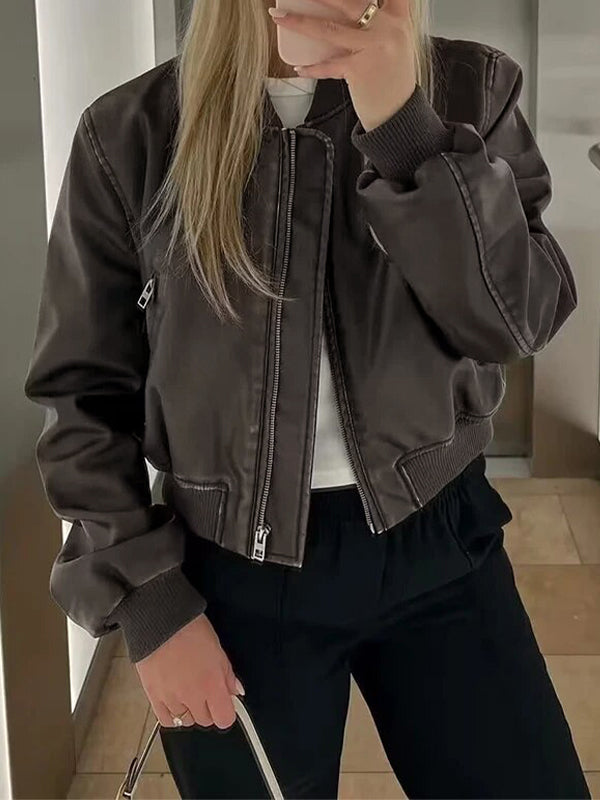 BROWN LEATHER BOMBER JACKET - WOMEN'S FASHION ESSENTIAL BOMBER JACKET