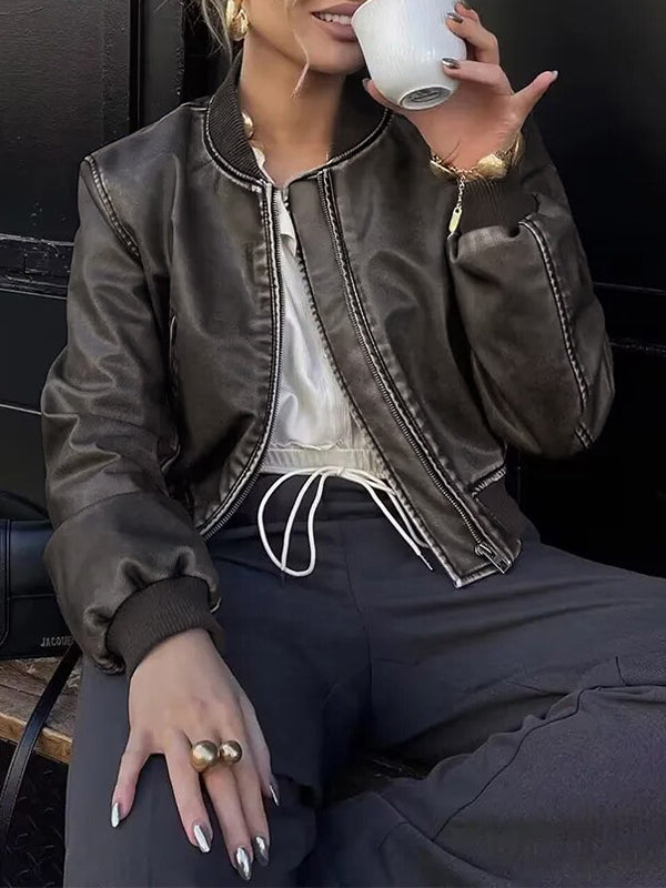 BROWN LEATHER BOMBER JACKET - WOMEN'S FASHION ESSENTIAL BOMBER JACKET