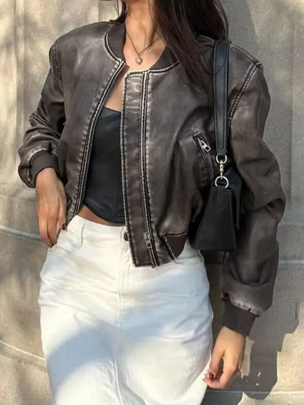 BROWN LEATHER BOMBER JACKET - WOMEN'S FASHION ESSENTIAL BOMBER JACKET