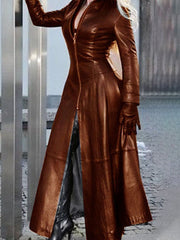 BROWN LEATHER FULL-LENGTH COAT SLIM FIT LONG SLEEVE