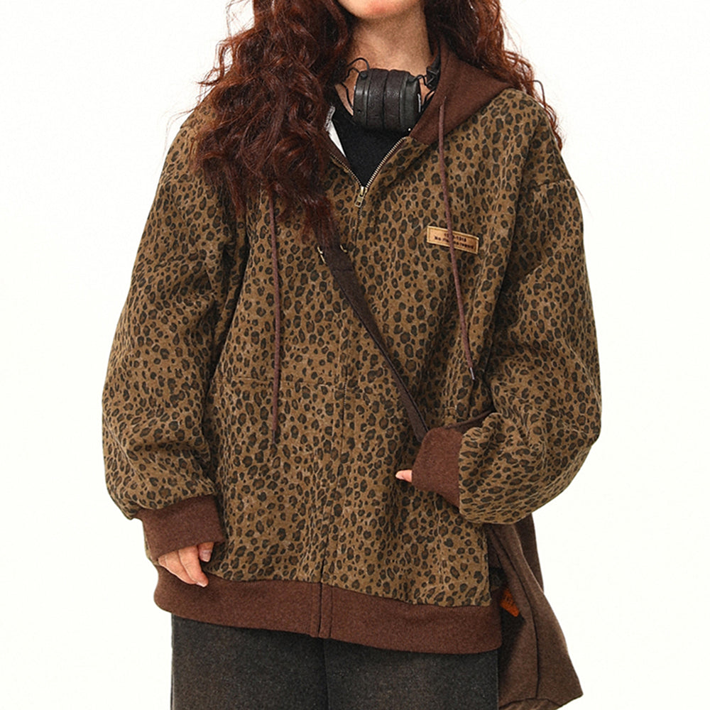 BROWN LEOPARD PRINT OVERSIZED HOODIE