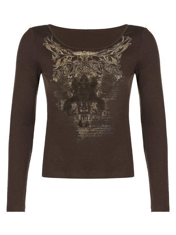 BROWN LONG SLEEVE SHIRT WITH GRAPHIC PRINT LONG SLEEVE SLIM FIT