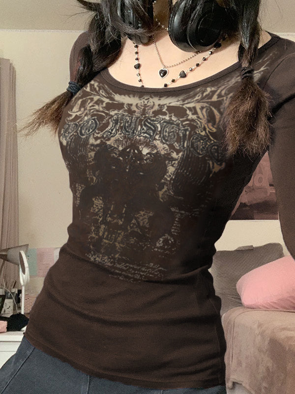 BROWN LONG SLEEVE SHIRT WITH GRAPHIC PRINT LONG SLEEVE SLIM FIT