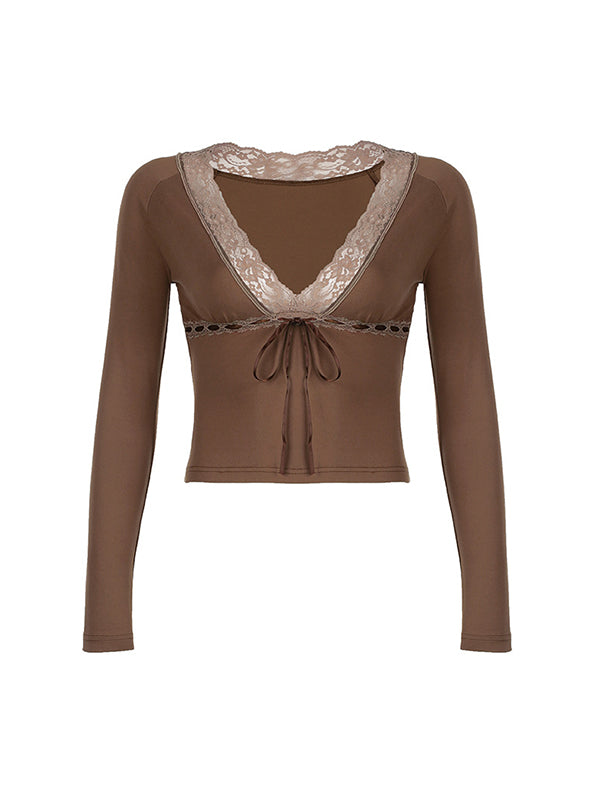 BROWN LONG SLEEVE SHIRT WITH LACE TRIM - BROWN LONG SLEEVE