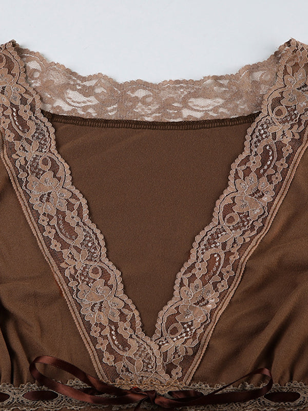 BROWN LONG SLEEVE SHIRT WITH LACE TRIM - BROWN LONG SLEEVE