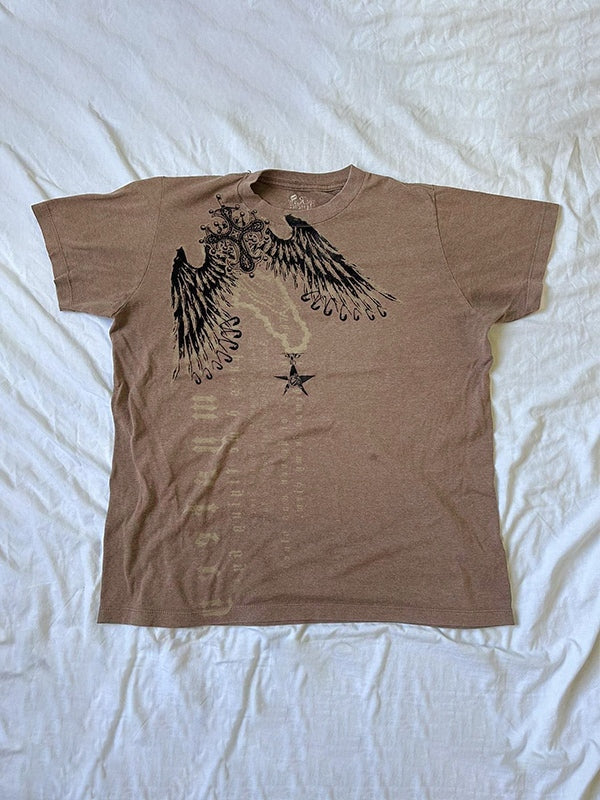 BROWN OVERSIZE SHORT GRAPHIC T-SHIRT