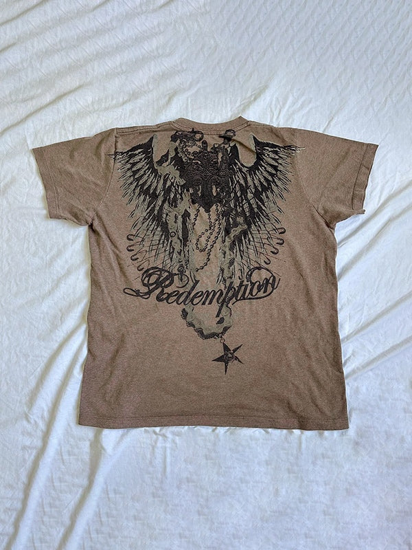 BROWN OVERSIZE SHORT GRAPHIC T-SHIRT
