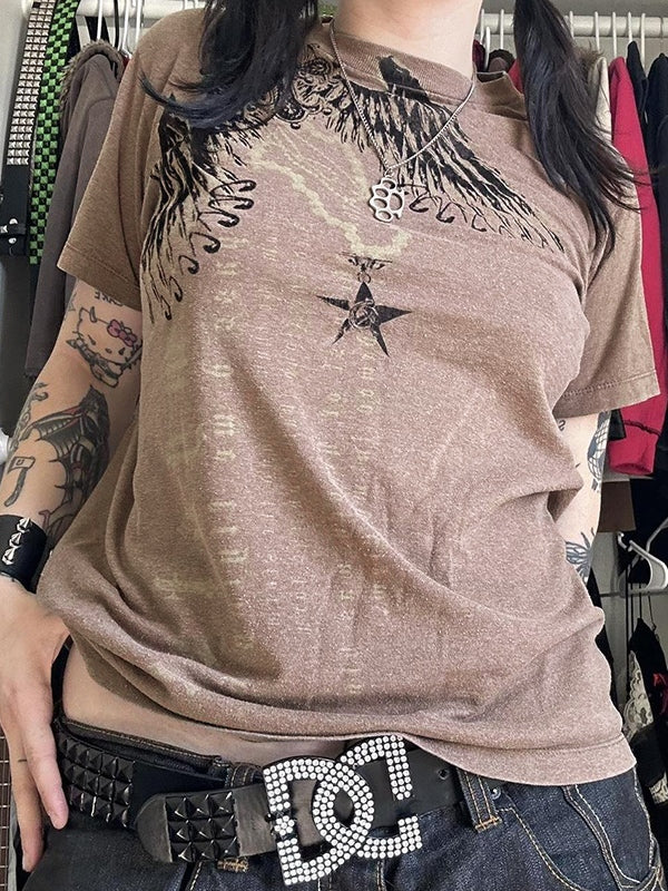BROWN OVERSIZE SHORT GRAPHIC T-SHIRT