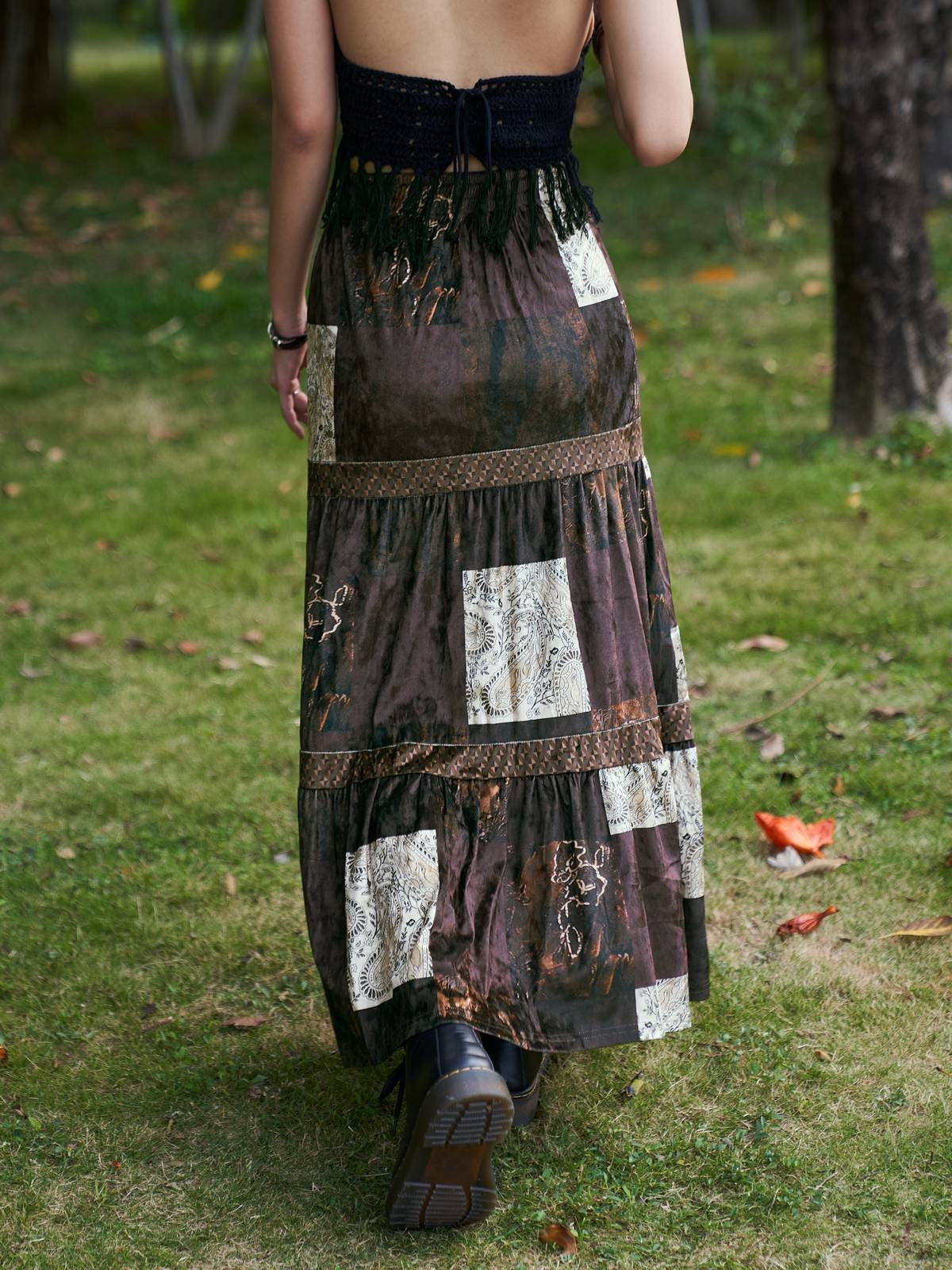 BROWN PATCHWORK MAXI SKIRT WITH ELASTIC HIGH WAIST