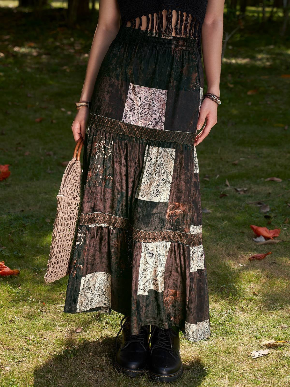 BROWN PATCHWORK MAXI SKIRT WITH ELASTIC HIGH WAIST