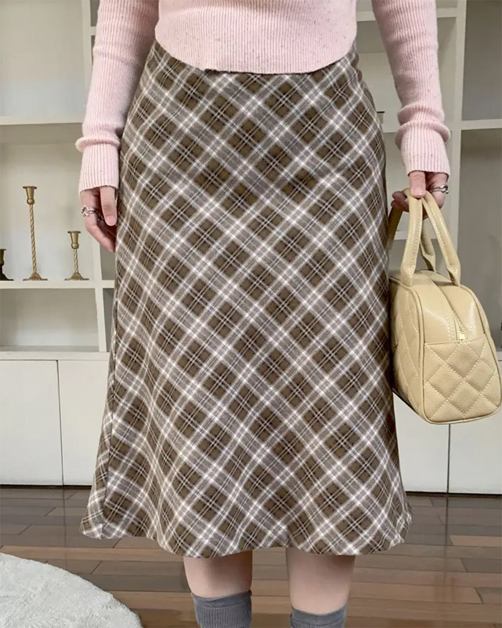 BROWN PLAID MIDI SKIRT CLASSIC PLAID MIDI