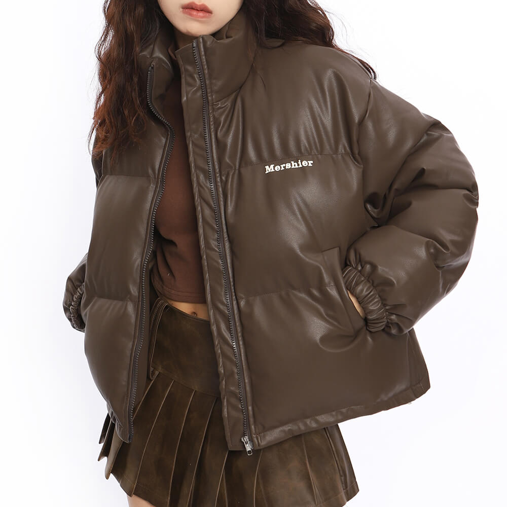 BROWN PUFFER JACKET: CHOCOLATE BROWN PUFFER